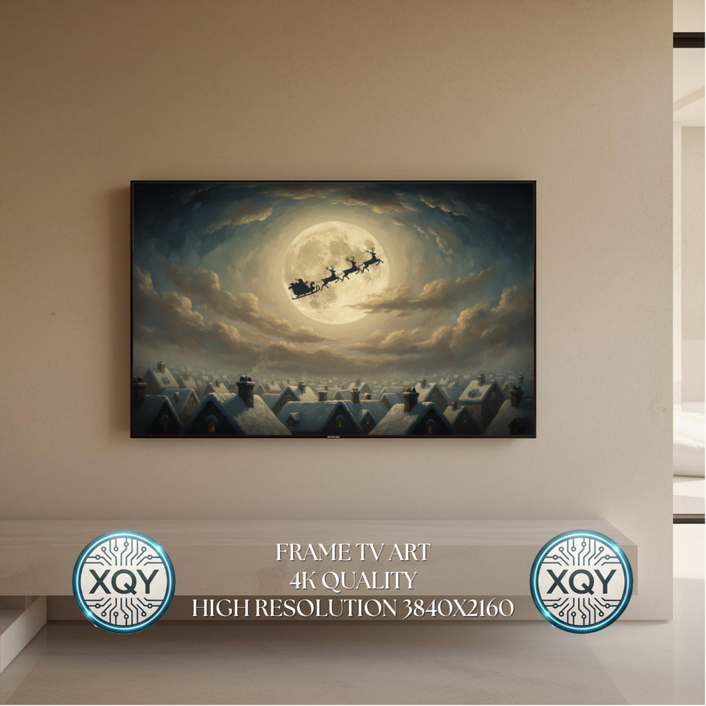 Santa Sleigh Full Moon Wall Art, Christmas Eve Silhouette Over Snowy Village Rooftops, Night Sky Winter Scene, 4K 16:9 Download