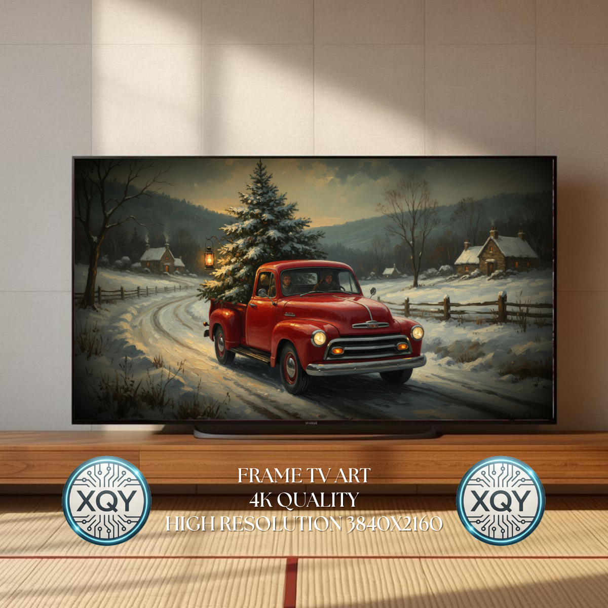 Vintage Red Truck Christmas Tree Wall Art, Snowy Country Road, Cozy Winter Landscape, 4K 16:9 Aspect Download