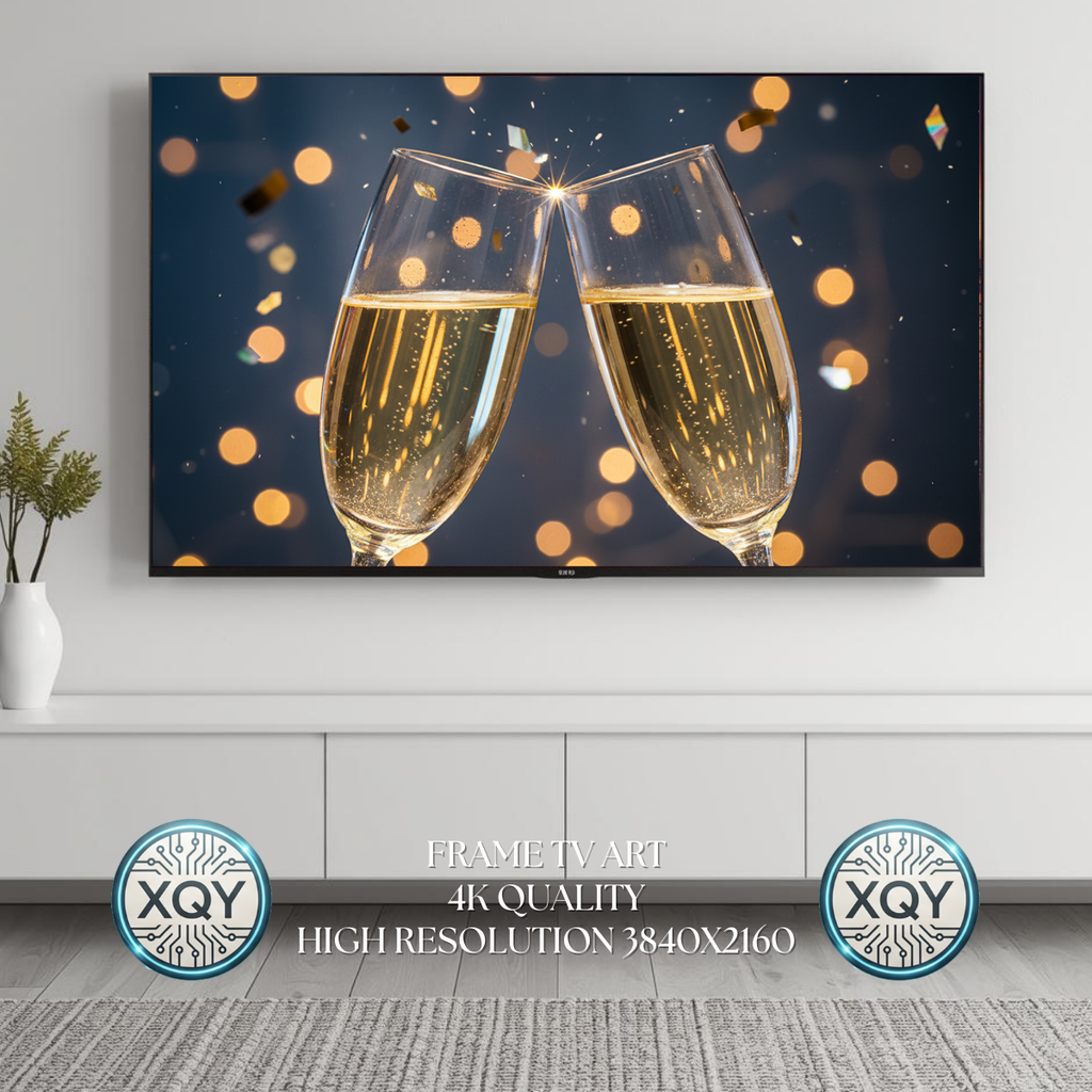 New Year’s Champagne Toast Wall Art, Sparkling Clinking Glasses, Confetti Bokeh Lights, 4K 16:9 Aspect Digital Download