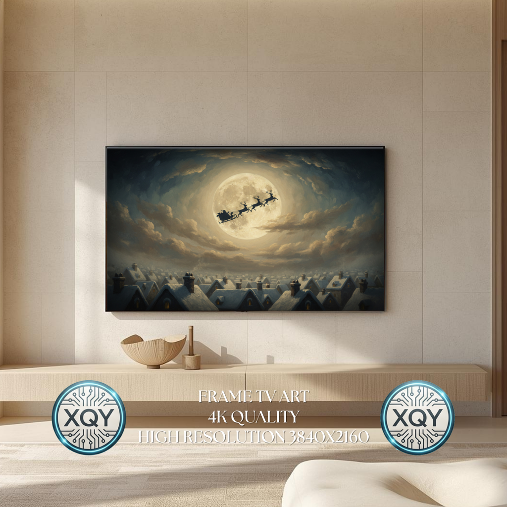 Santa Sleigh Full Moon Wall Art, Christmas Eve Silhouette Over Snowy Village Rooftops, Night Sky Winter Scene, 4K 16:9 Download