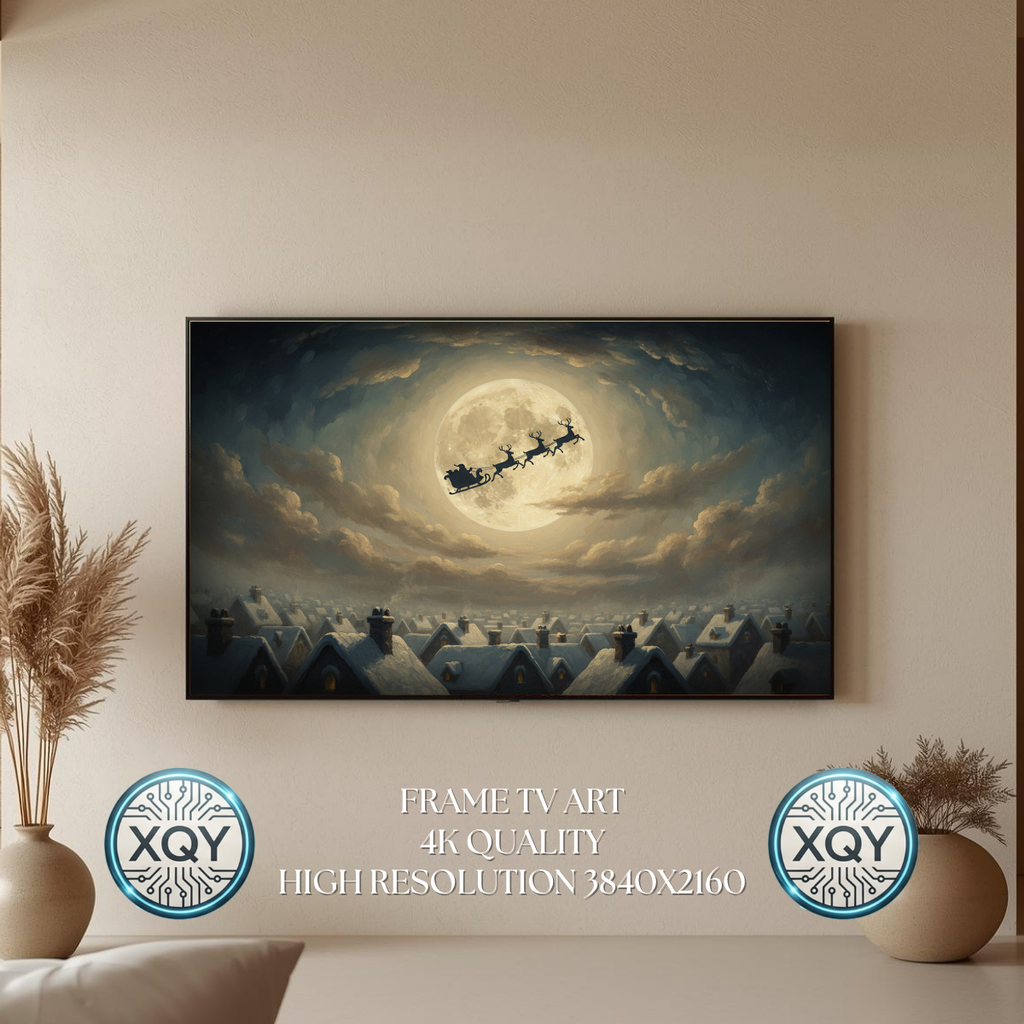 Santa Sleigh Full Moon Wall Art, Christmas Eve Silhouette Over Snowy Village Rooftops, Night Sky Winter Scene, 4K 16:9 Download