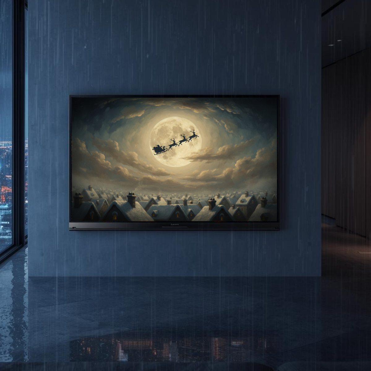 Santa Sleigh Full Moon Wall Art, Christmas Eve Silhouette Over Snowy Village Rooftops, Night Sky Winter Scene, 4K 16:9 Download