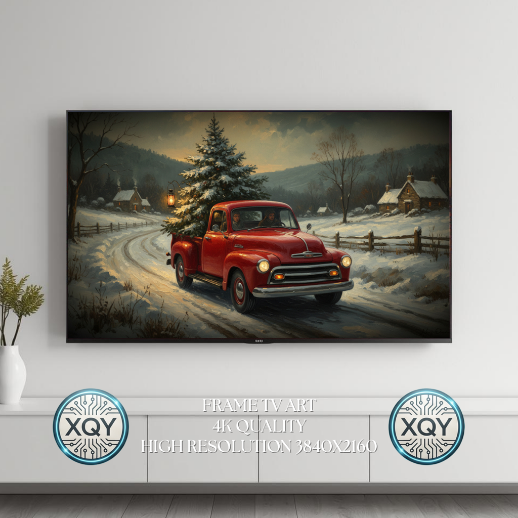 Vintage Red Truck Christmas Tree Wall Art, Snowy Country Road, Cozy Winter Landscape, 4K 16:9 Aspect Download