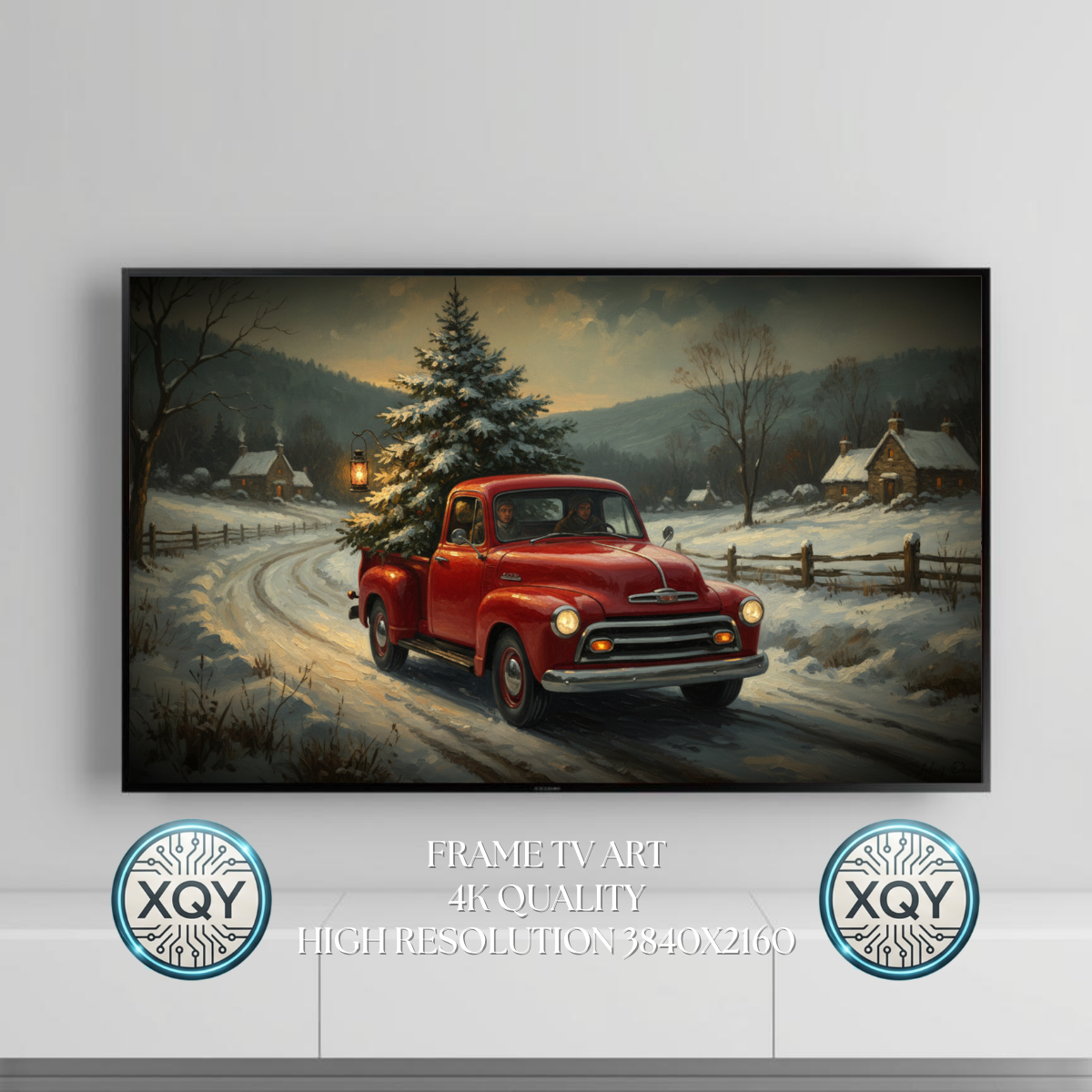 Vintage Red Truck Christmas Tree Wall Art, Snowy Country Road, Cozy Winter Landscape, 4K 16:9 Aspect Download
