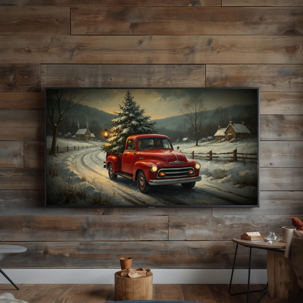 Vintage Red Truck Christmas Tree Wall Art, Snowy Country Road, Cozy Winter Landscape, 4K 16:9 Aspect Download